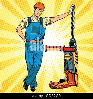 Belle Builder avec perceuse électrique professionnel Illustration de Vecteur