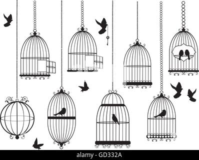 Vector illustration de cages d'oiseaux avec les oiseaux en plein vol Illustration de Vecteur