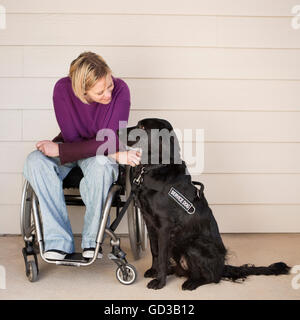 Une femme mature en fauteuil roulant caressant son chien labrador noir et le contact visuel avec le chien. Banque D'Images