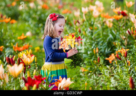 Cute little girl picking lily flowers blooming jardin d'été. Enfant tenant bouquet de lys en fleur magnifique domaine. Banque D'Images