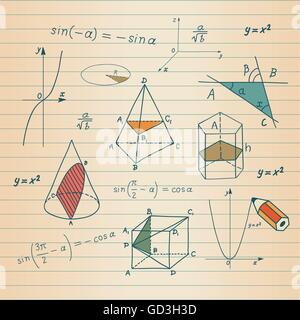 Mathématiques - des formes géométriques et des croquis d'expressions sur school board Illustration de Vecteur