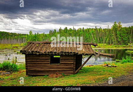 Vieux et abandonnés log cabin à Temagami en face d'un barrage de castor et de la forêt. Banque D'Images