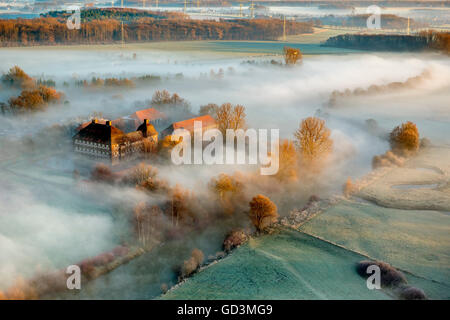 Vue aérienne, Château Oberwerries, château de rêve, le matin brouillard sur der Lippe, inondation meadows, aube sur Hamm Hamm, Banque D'Images