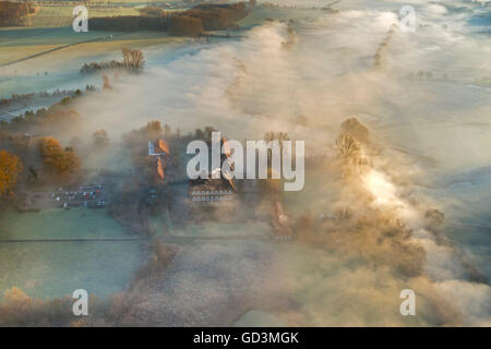 Vue aérienne, Château Oberwerries, château de rêve, le matin brouillard sur der Lippe, inondation meadows, aube sur Hamm Hamm, Banque D'Images