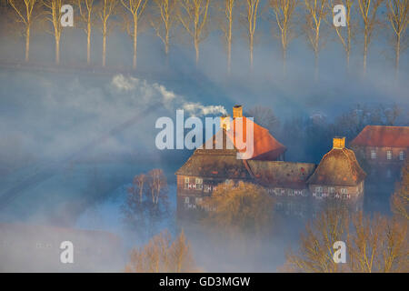 Vue aérienne, Château Oberwerries, château de rêve, le matin brouillard sur der Lippe, inondation meadows, aube sur Hamm Hamm, Banque D'Images