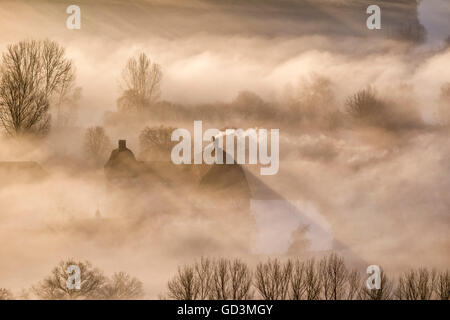 Vue aérienne, Château Oberwerries, château de rêve, le matin brouillard sur der Lippe, inondation meadows, aube sur Hamm Hamm, Banque D'Images