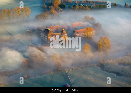 Vue aérienne, Château Oberwerries, château de rêve, le matin brouillard sur der Lippe, inondation meadows, aube sur Hamm Hamm, Banque D'Images