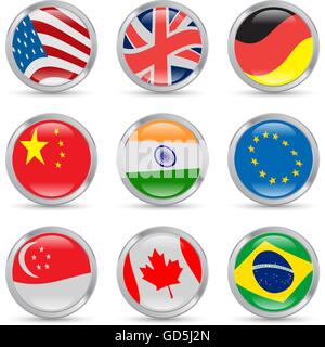 Drapeaux pays icons set dans des cercles métalliques avec les réflexions et les ombres Illustration de Vecteur