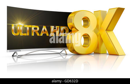 TV Ultra HD et le volume de l'inscription 8k, 3D render. Banque D'Images