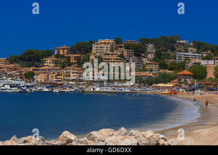 Soller, plage, port de plaisance, Mallorca, Majorque, Îles Baléares, Mer Méditerranée, Espagne, Europe Banque D'Images