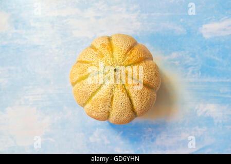 Melon cantaloup sur table en bois rustique, vue de dessus les fruits entiers Banque D'Images