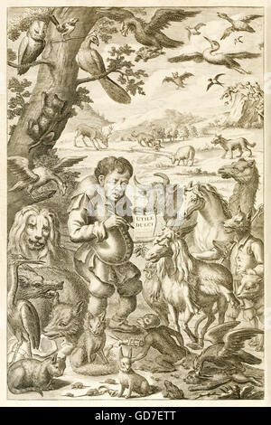 Frontispice d'Esope entouré par les nombreux animaux de ses fables ; à partir de "Fables d'Ésope et d'autres éminents Les mythologistes" par Sir Roger L'Estrange (1616-1704) d'abord publié en 1692. Esope est titulaire d'une note indiquant 'Utile Dulci' qui signifie 'amour' alors que tous les conquérants en arrière-plan le Delphinians lui jeter d'une falaise ! Voir la description pour plus d'informations. Banque D'Images