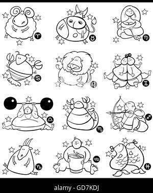 Illustration de l'excès de caricature humoristique Horoscope Signes du zodiaque défini Illustration de Vecteur