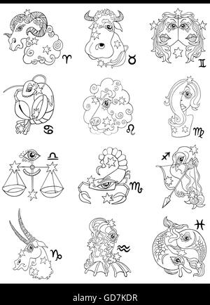 Cartoon Illustration de noir et blanc Horoscope Signes du zodiaque avec des personnages fantastiques Illustration de Vecteur