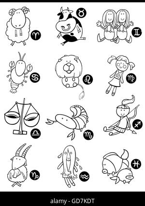 Cartoon Illustration de noir et blanc Horoscope Signes du zodiaque avec caractères jouet mignon Illustration de Vecteur