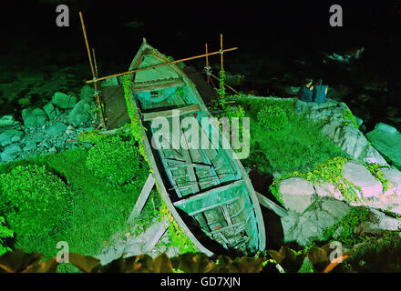 Bateau en bois ancien abandonné couvert de verdure et illuminé par la lumière verte pendant la nuit à Sozopol, Bulgarie Banque D'Images