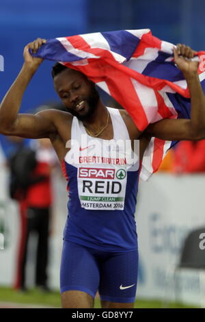 Amsterdam, Hollande. 10 juillet, 2016. Les Championnats d'Europe d'athlétisme. Julian Reid 3e au triple saut pour les hommes dans l'Action © Championnat Plus Sport/Alamy Live News Banque D'Images