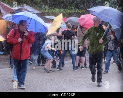 Hanovre, Allemagne. Le 13 juillet, 2016. Les visiteurs avec des parasols se tenir dans les jardins de Herrenhausen à la première de 'Kleines Fest im Grossen Garten" à Hanovre, Allemagne, 13 juillet 2016. Un orage avec des éclairs et tonnerre, pluie et tempête a provoqué la fin de la première soirée des arts festival. Photo : Julian Stratenschulte/dpa/Alamy Live News Banque D'Images