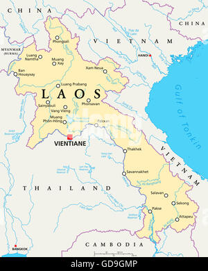 Carte politique du Laos Vientiane, capitale avec les frontières nationales, d'importantes villes, rivières et lacs. Également connu sous le nom de Muang Lao. Banque D'Images