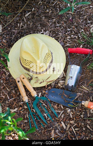 Chapeau de paille et les outils de jardinage sur le terrain pleine des feuilles sèches. Copy space Banque D'Images