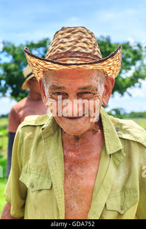 Hispaniques âgés travailleur cubain, sur une ligne de séchage du riz agricoles rurales, Cuba Banque D'Images