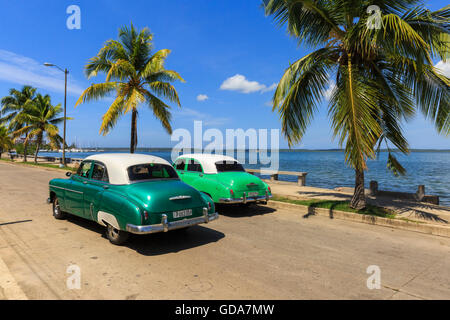 Deux voitures Chevrolet Classic sur le Malecon de Cienfuegos promenade du front de mer, Cienfuegos, Cuba Banque D'Images