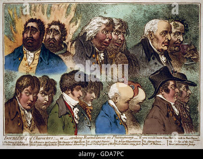 JAMES GILLRAY (1756/7-1815) English caricaturiste. Son 'Doublures de caractères ;-ou-substitution, Ressemblances dans Phisiognomy. Si vous connaissez Mens Coeurs, regardez dans leurs visages" de 1798 Banque D'Images