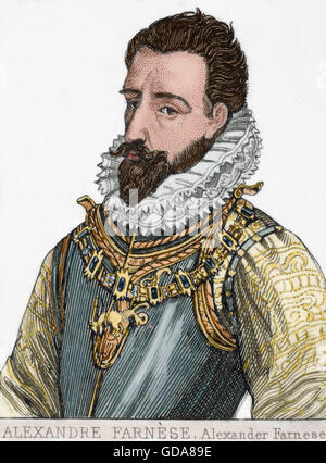 Alexandre Farnèse (1545-1592). Duc de Parme, Piacenza et Castro et Gouverneur de la Spanish Nedtherlands (1578-1592). Portrait. La gravure. De couleur. Banque D'Images