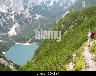 L'Italie, Trentin-Haut-Adige, Provincia di Bolzano, en randonnée sur un chemin étroit, au-dessus du lac de Braies, Herrsteingipfel raison de la Pragser Wildsee avec un randonneur Banque D'Images