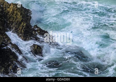 L'état de la mer se briser sur les rochers sur la côte nord des Cornouailles. Banque D'Images