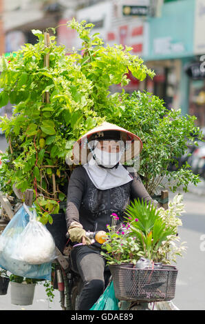 Vietnam, Ho Chi Minh Ville, fleuriste vietnamiens sur son scooter fortement chargé Banque D'Images