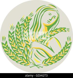 Illustration de Déméter, déesse grecque de la récolte et de l'agriculture, qui a présidé les céréales et grains de blé à la fécondité tenant sur le côté vue de l'avant ensemble à l'intérieur du cercle fait en style rétro. Illustration de Vecteur