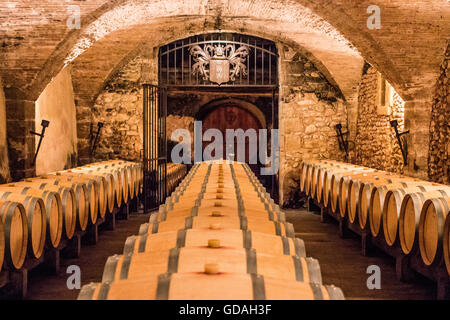 Cave avec cave à vin édition spéciale en attente de barils pendant quelques années jusqu'à ce qu'il est prêt au Château la Nerthe. Banque D'Images