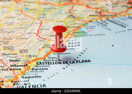 Close up de Castellon de la Plana , la carte d'Espagne avec broche rouge ,travel concept Banque D'Images