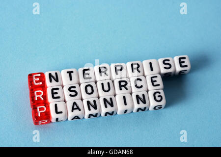 ERP Enterprise Resource Planning écrit sur cubes on blue background Banque D'Images