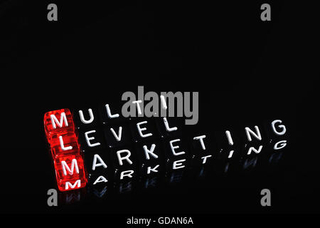 Multi Level Marketing MLM écrit sur glaçons sur fond noir Banque D'Images