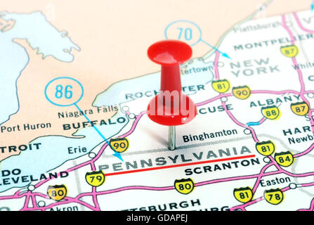 Close up of Pennsylvania State USA map avec broche rouge - Travel concept Banque D'Images