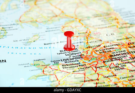 Angleterre Liverpool , Royaume-Uni map et la borne - Travel concept Banque D'Images