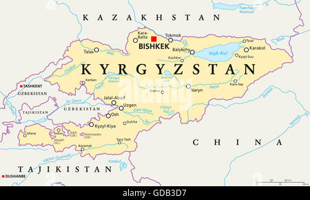 Carte politique du Kirghizistan avec capital Bishkek, les frontières nationales, d'importantes villes, rivières et lacs. République kirghize. Banque D'Images