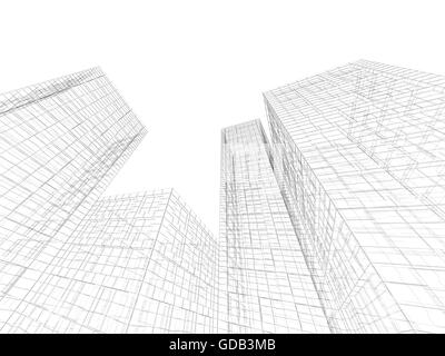 Fond graphique numérique. Résumé bâtiments vue perspective, lignes du fil noir isolé sur fond blanc. 3D render Banque D'Images