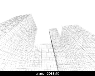 Fond graphique numérique. Résumé de grands bâtiments vue perspective, lignes du fil noir isolé sur fond blanc. 3d Banque D'Images