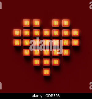 Coeur en verre lumineux brillant pixels, les jeux, l'amour rendu bacground Banque D'Images