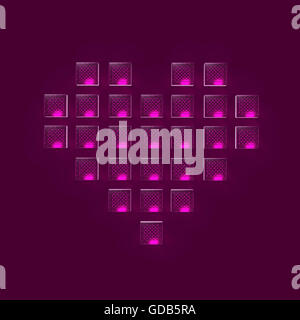 Coeur en verre lumineux brillant pixels, les jeux, l'amour rendu bacground Banque D'Images