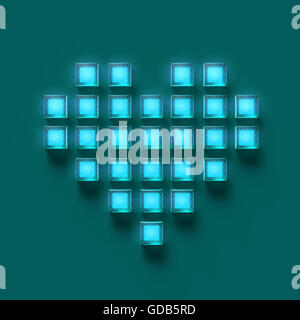 Coeur en verre lumineux brillant pixels, les jeux, l'amour rendu bacground Banque D'Images