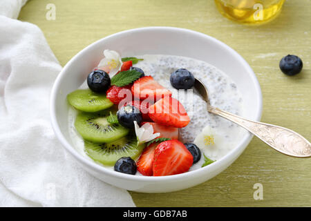 Les graines de chia et de baies au lait, de l'alimentation close-up Banque D'Images