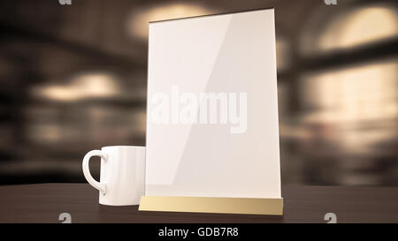 Support pour brochures feuilles de papier blanc tableau acrylique carte chevalet en bois sur maquette avec café tasse fond flou rendre Banque D'Images
