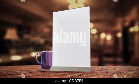 Support pour brochures feuilles de papier blanc tableau acrylique carte chevalet en bois sur maquette avec café tasse fond flou rendre Banque D'Images