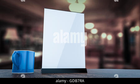 Support pour brochures feuilles de papier blanc tableau acrylique carte chevalet en bois sur maquette avec café tasse fond flou rendre Banque D'Images