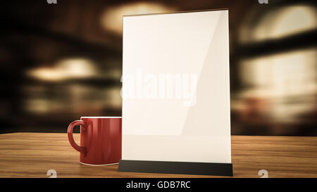 Support pour brochures feuilles de papier blanc tableau acrylique carte chevalet en bois sur maquette avec café tasse fond flou rendre Banque D'Images