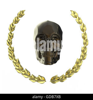 Crâne doré entouré de feuilles de laurier goldel isolé sur fond noir rendant Banque D'Images